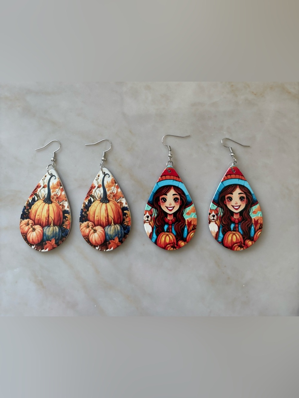 Fall Autumn Girl Pumpkin Teardrop Earrings - Acrylic